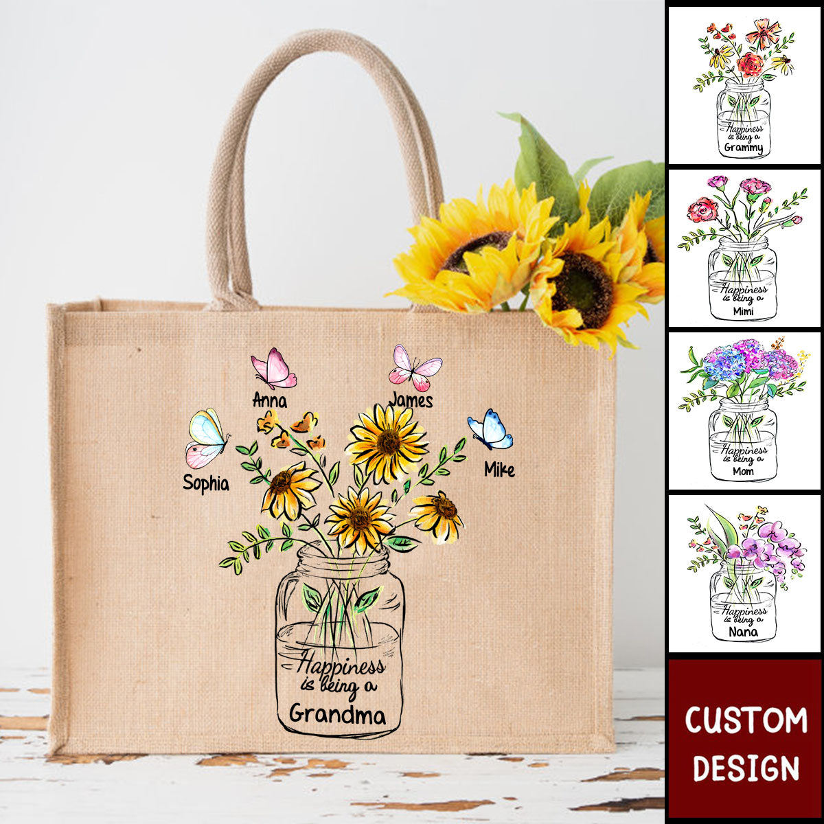 Happiness Is Being A Grandma Mom Vase of Flower - Personalized Jute Tote Bag