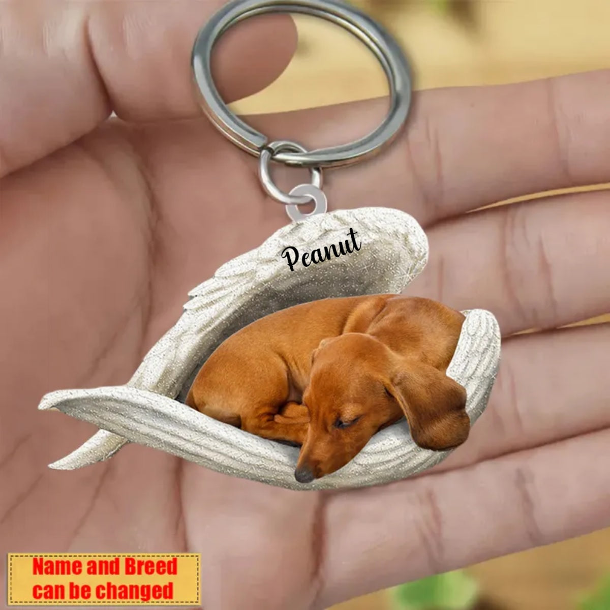 Personalized Stainless Dog Sleeping Angel Keychain - Double Sides Printed